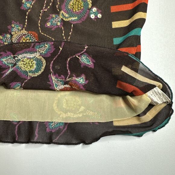 Brown Sheer Mesh Beaded Floral Embroidered Striped Y2K Boho Festival Top S - Picture 8 of 11